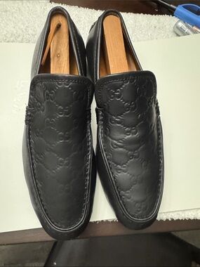 Gucci Black Embossed GG Leather Slip-On Loafers